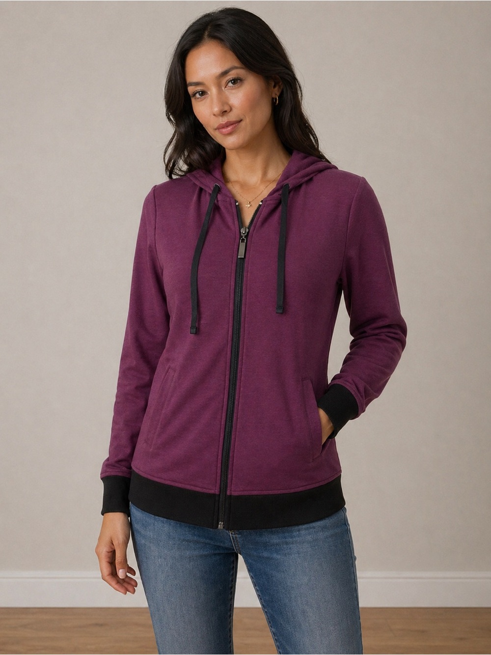 Karma Womens active Hooded Zip-Up Jacket Small soft rayon, spandex &cotton Blend